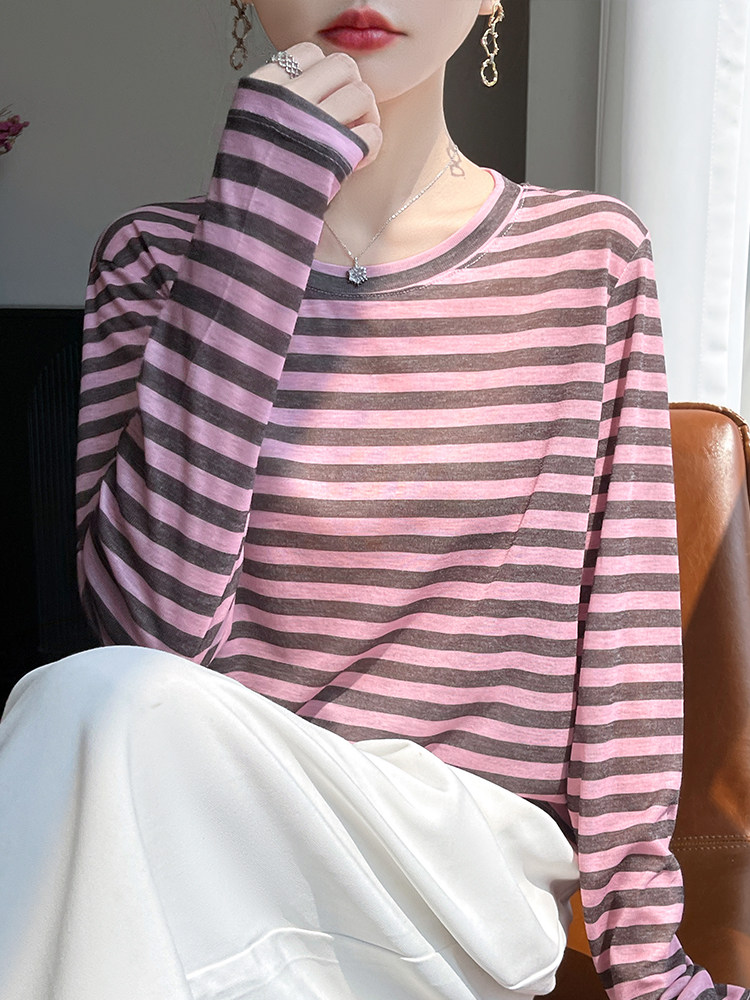 2025秋冬时尚简约条纹针织衫细条纹，女装针织衫/毛衣，羊特美羊绒