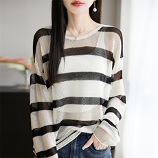 韩版宽松圆领撞色镂空条纹针织衫女天丝亚麻长袖毛衣慵懒防晒罩衫，女装蕾丝衫/雪纺衫，东远绒业