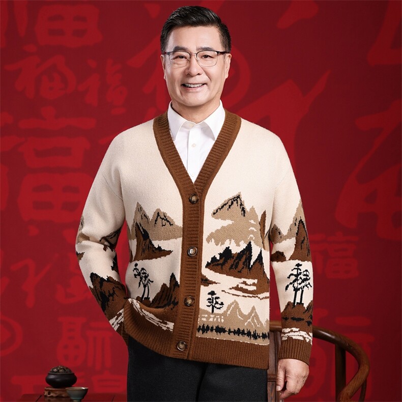 2025年秋季V领长袖青春流行时尚百搭通勤简约休闲开衫，男装羊毛衫，衣恋羊绒