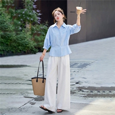 清爽宽松气质阔腿裤套装春夏2026新款时尚减龄显瘦优雅气质两件套，女装套装/套裙，姿萝菲