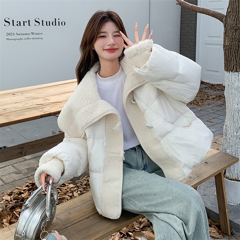 白色羊羔毛海军领短款羽绒服女冬独特超好看高级设计感小众厚外套,女装羽绒服,韩蜜菓