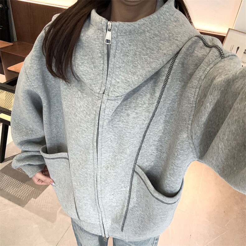 抖音得物高品质秋冬美式高街重磅结构辑明线纹理连帽卫衣外套W111，女装短外套，电商A486-1