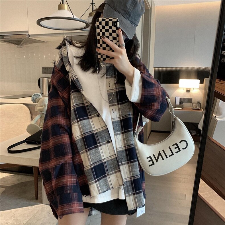 磨毛格子衬衫，女装衬衫，XTZ style