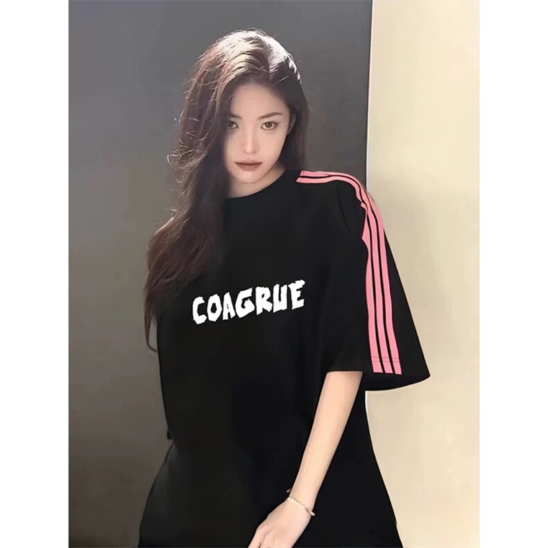 抖音得物品质二开240克宽松纯棉美式潮牌印花三条杠中性风短袖T恤,男装T恤,电商A486