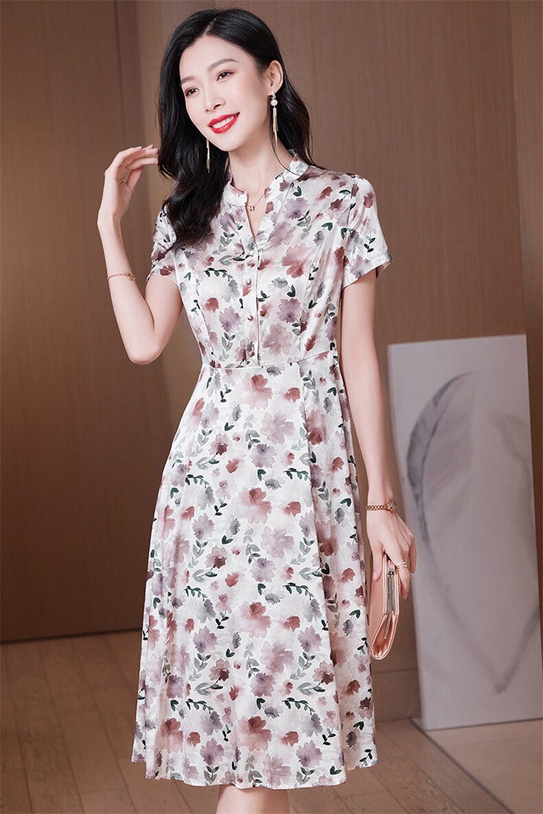 杭州真丝连衣裙女夏2026新款印花高端中年妈妈真丝连衣裙,女装连衣裙,阿舍尔精品