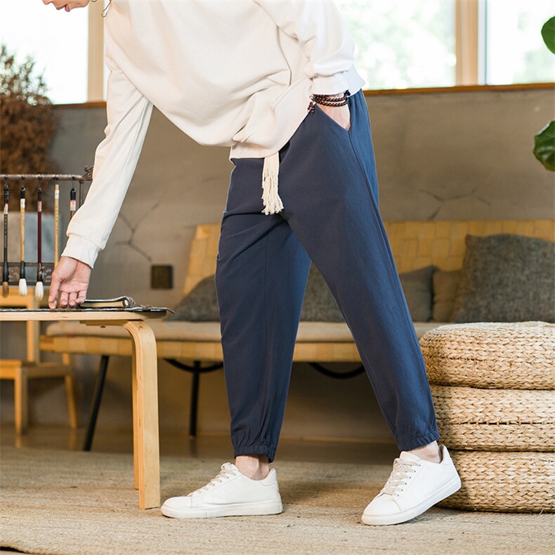 亚麻九分男2025夏装新款风复古宽松大码大腰带束脚裤K22，男装休闲裤，星座225-6