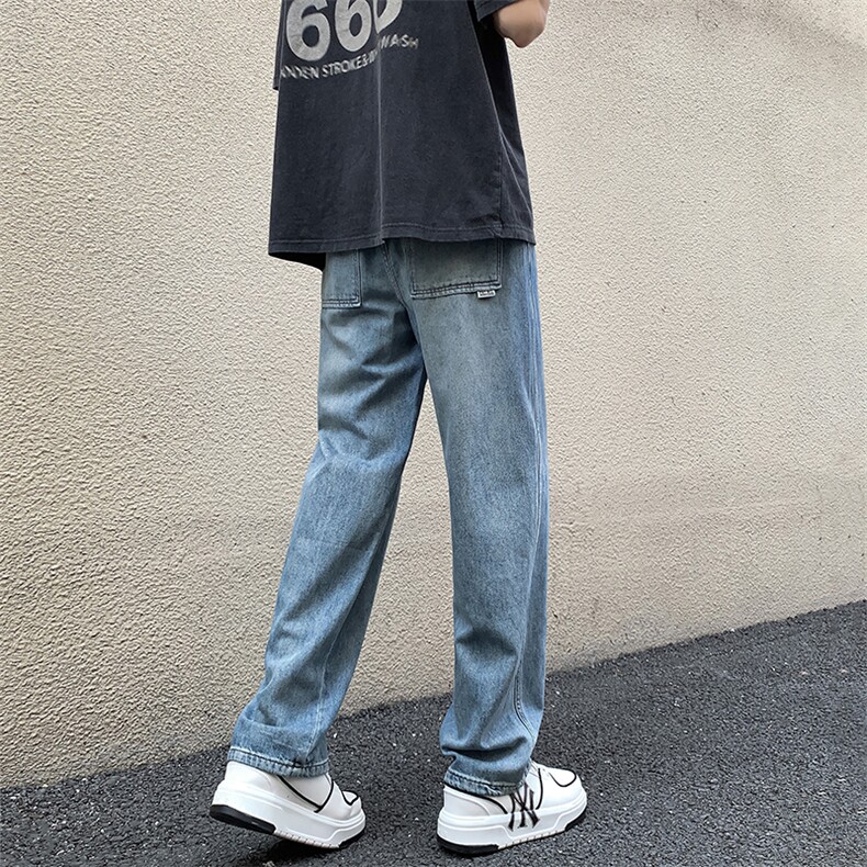 薄款牛仔裤男后袋贴标哈伦大码宽松直筒长裤松紧腰KN86P55,男装牛仔裤,电商D325