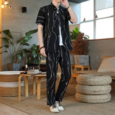 风套装男士夏季冰丝短袖复古风唐装汉服中式居士服HO6930-P65，男装T恤，星座1105-3