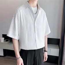 夏季薄款痞帅衬衫男短袖港风日系休闲宽松条纹衬衣男SC27P35图片