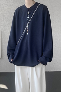 8XL-M 慵懒肌理感华夫格廓形云母贝纽扣长袖T恤打底长袖CX3006P48图片