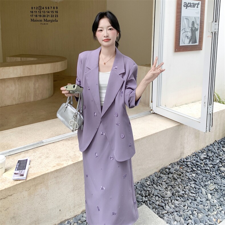 有货紫色烫钻西装套装裙5213P205K288,女装套装/套裙,2C176