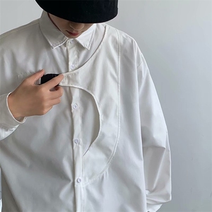 秋新款韩版港风叠穿插扣不规则衬衫男设计感个性衬衣CS031P35图片