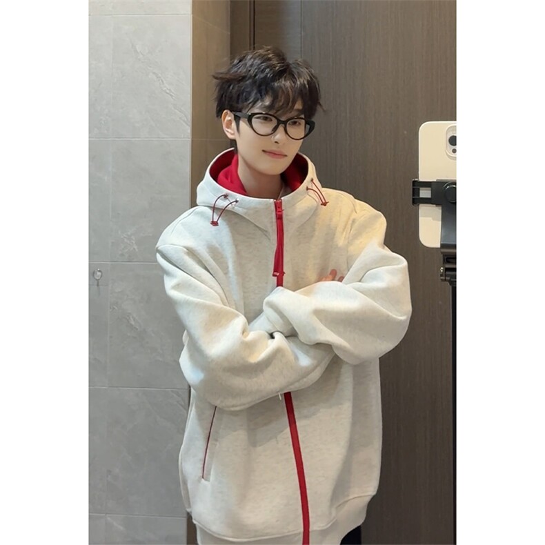 春季2026撞色连帽开衫卫衣情侣款美式外套男女C64132-TP4588,女装短外套,电商A102