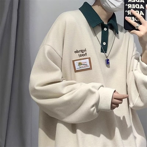 POLO衫男长袖衬衫领秋季港风卫衣潮流宽松日系外套上衣情侣装图片