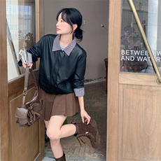 黑色假两件皮衣外套女2025年秋季新款韩系设计感休闲短款pu皮夹克，女装套装/套裙，2D148