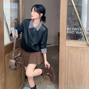 黑色假两件皮衣外套女2025年秋季新款韩系设计感休闲短款pu皮夹克图片