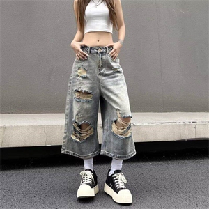 美式街头vibe破洞阔腿牛仔裤女宽松复古直筒七分中裤LD166-p52图片