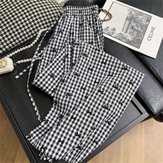 AK2494-p30复古格子蝴蝶结刺绣休闲裤女2026夏季新款阔腿裤裤子，女装休闲裤，星座617A-2