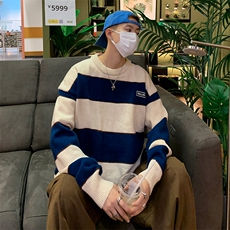条纹撞色毛衣男秋冬季新款日系复古慵懒风宽松针织衫M1602-P48，男装针织衫/毛衣，星座512-4