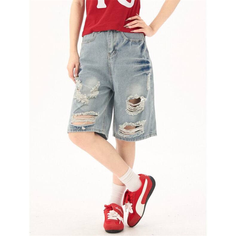 2392-P40复古水洗破洞五分牛仔短裤女夏季新款高腰中裤，女装牛仔裤，电商A306A