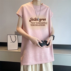 鹿皮绒无袖T恤男印花字母个性2023夏季新款ins宽松背心ST230-P31，男装T恤，星座412-3
