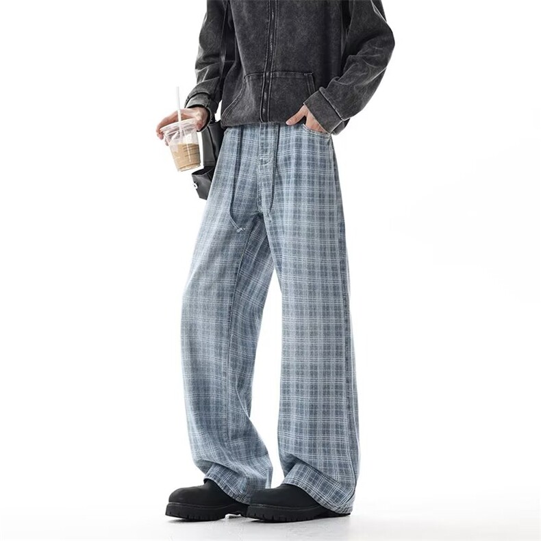蓝色格子牛仔裤男痞帅阔腿工装裤vibe显瘦直筒微喇裤nz1055p48，男装牛仔裤，电商D315A