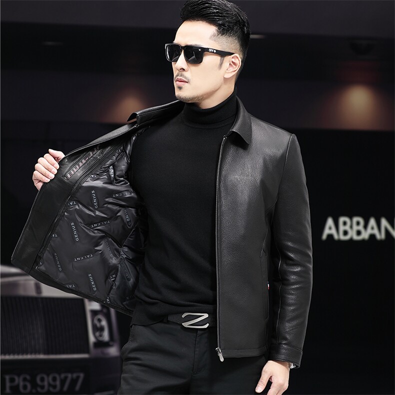 新款鹿纹皮山羊皮立翻领海宁皮衣男中老年真皮皮夹克羽绒内胆脱卸，男装夹克，电商B360A（原721A）