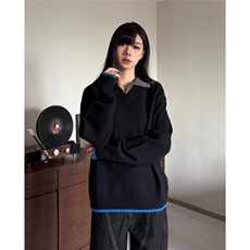 M39-P60美式复古撞色Polo翻领毛衣男女2025春秋冬宽松休闲，男装针织衫/毛衣，电商B323A