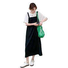韩系chic撞色假两件连衣裙女2025夏季新款宽松气质显瘦设计感裙子，女装连衣裙，2C206