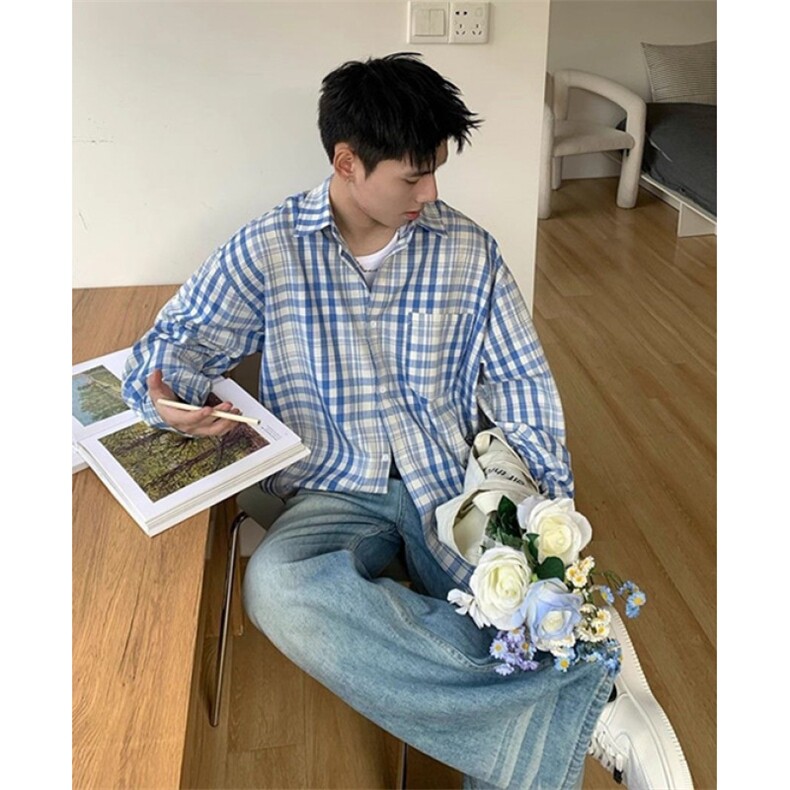 格子春秋长袖撞色衬衫男女休闲衬衣防晒宽松上衣百搭外套CS153,男装防晒衣,星座1116A（原606A-3）