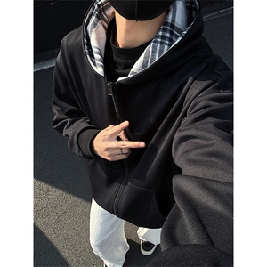 特批P40无差价25春格子拼接连帽开衫卫衣男宽松休闲百搭上衣W5006