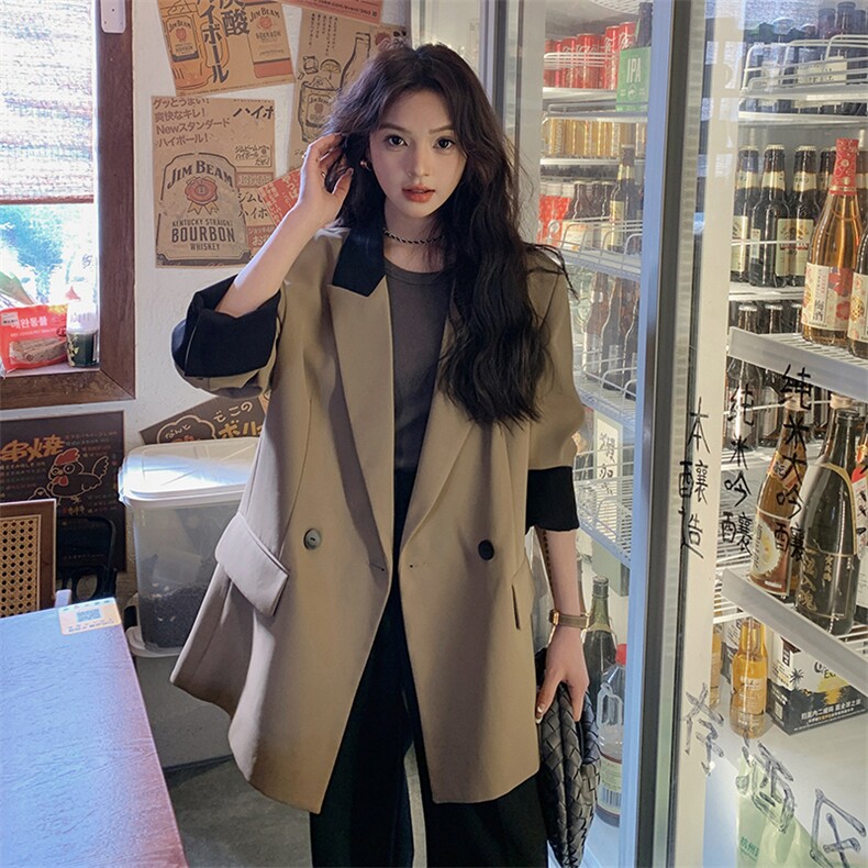 韩系高级咖色休闲小西服女2025春秋超火炸街独特漂亮宽松西装外套,女装西装,2D014