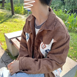 春秋季民族风宽松情侣夹克男女灯芯绒拼接棒球领美式炸街外套图片