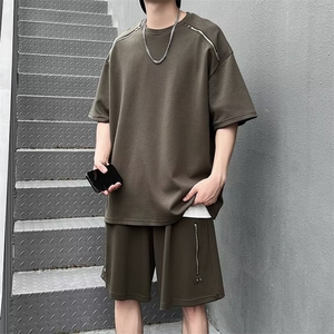 拉链高级感短袖T恤运动短裤两件套男夏季潮牌休闲套装 F667图片