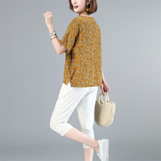 时尚两件套装2021年夏新款毛线边口袋圆领小碎花女T恤七分裤，女装套装/套裙，涵誉