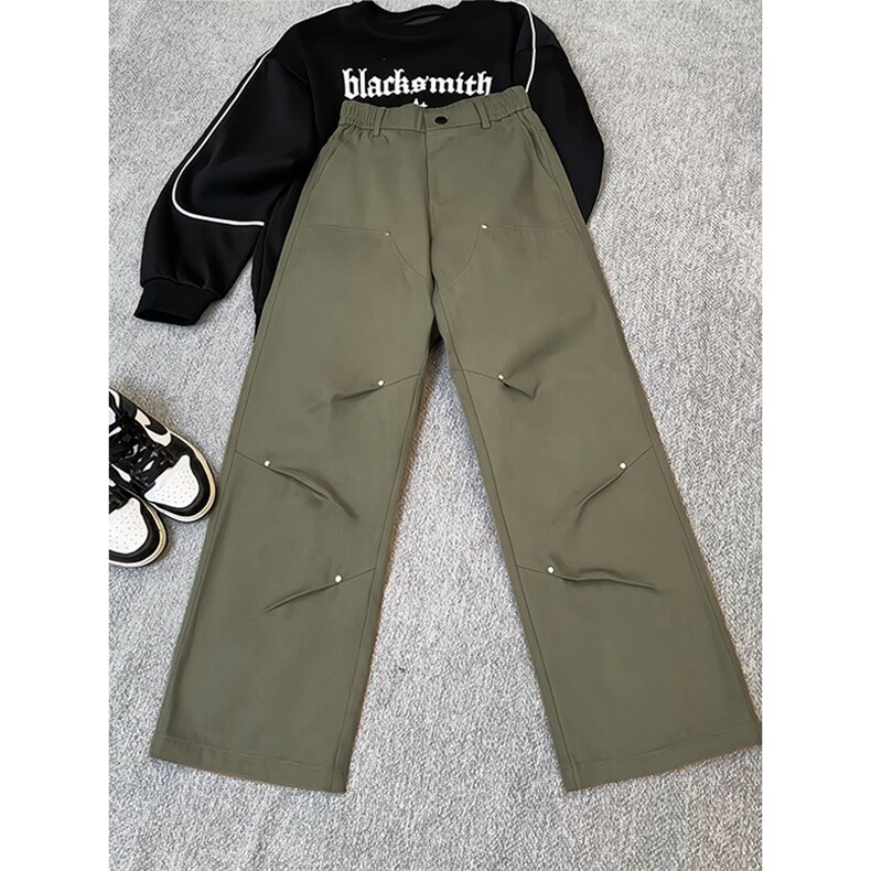 秋季复古做旧铆钉褶皱男宽松纯棉直筒伐木工装裤K5912-特P48控88，男装工装外套，电商A001