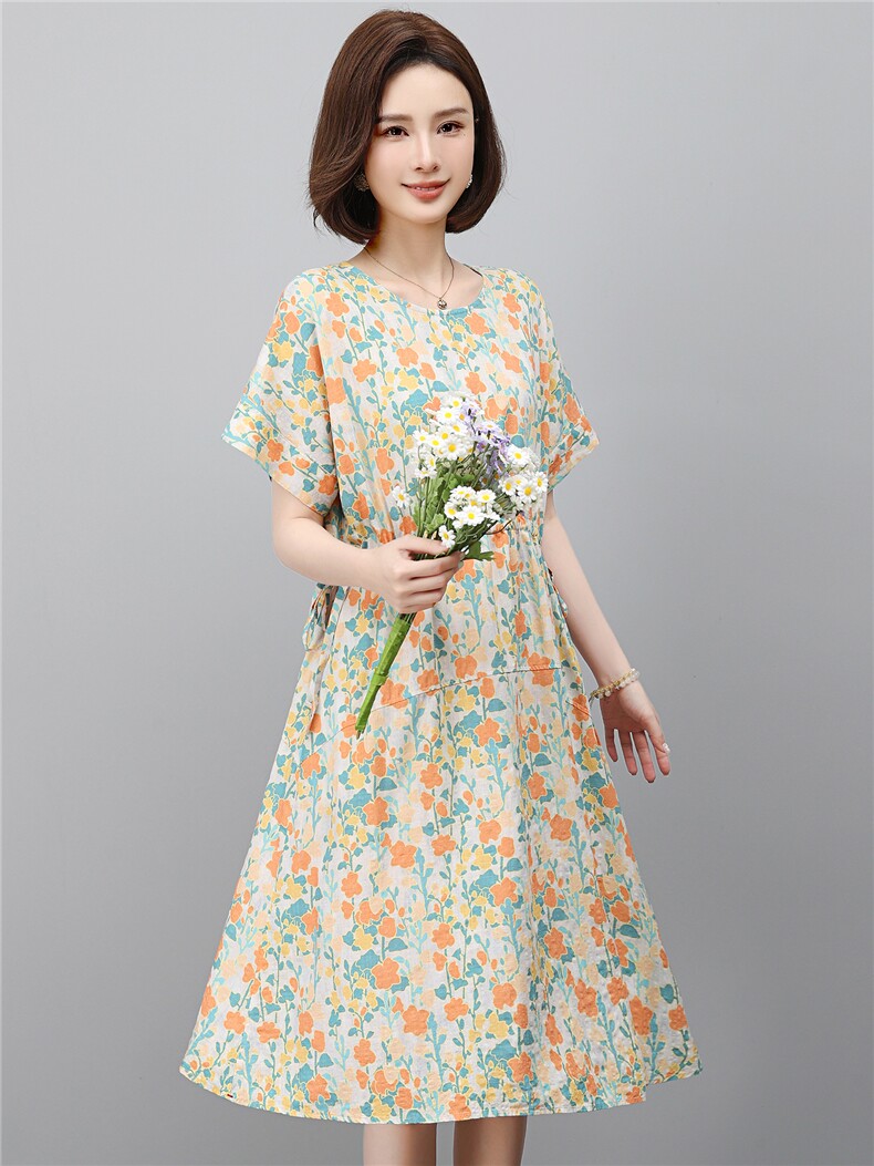 新款连衣裙女2026年夏季收腰宽松显瘦气质中长裙高端减龄休闲印花,女装连衣裙,江忆布依