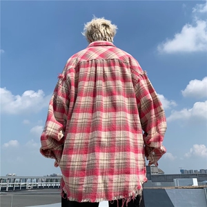 男秋季新款长袖衬衫纯棉水洗流苏格子外套 W1376 P52图片