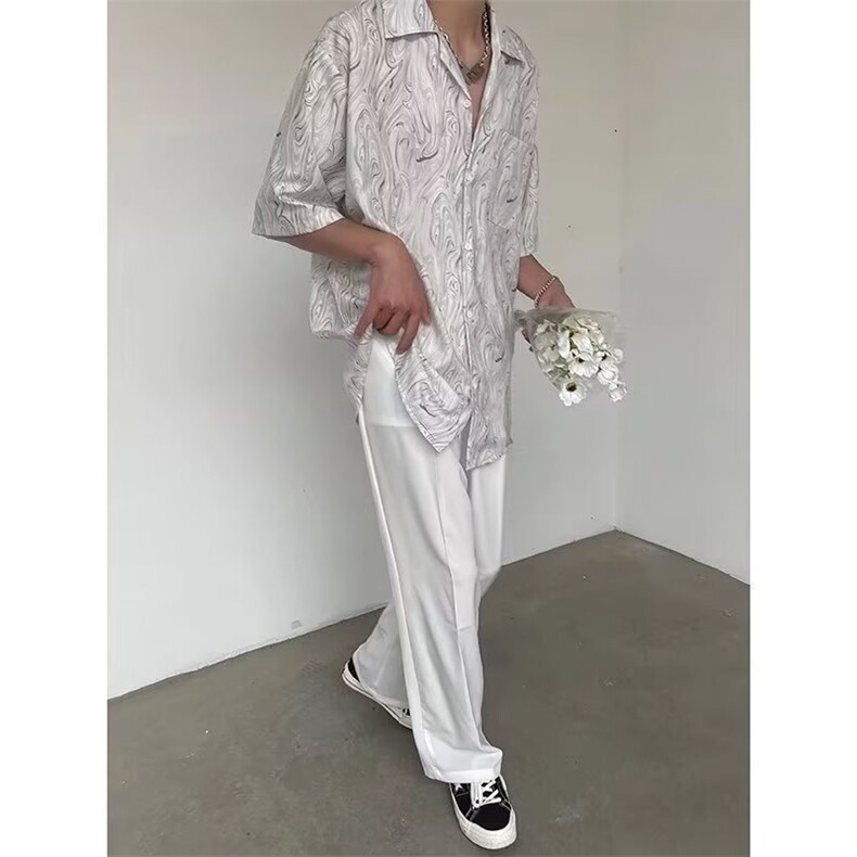 夏季小众古巴领慵懒宽松垂坠质感薄复古波浪纹短袖衬衫男休闲C624,男装衬衫,星座1013
