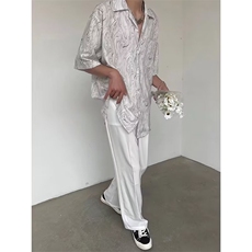 夏季小众古巴领慵懒宽松垂坠质感薄复古波浪纹短袖衬衫男休闲C624，男装衬衫，星座1013