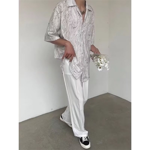 夏季小众古巴领慵懒宽松垂坠质感薄复古波浪纹短袖衬衫男休闲C624图片