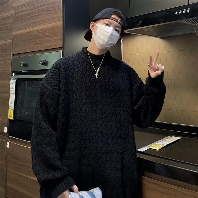 波浪纹毛衣男士潮牌纯色宽松日系慵懒内搭圆领宽XZ002-P50,男装针织衫/毛衣,星座1109-3