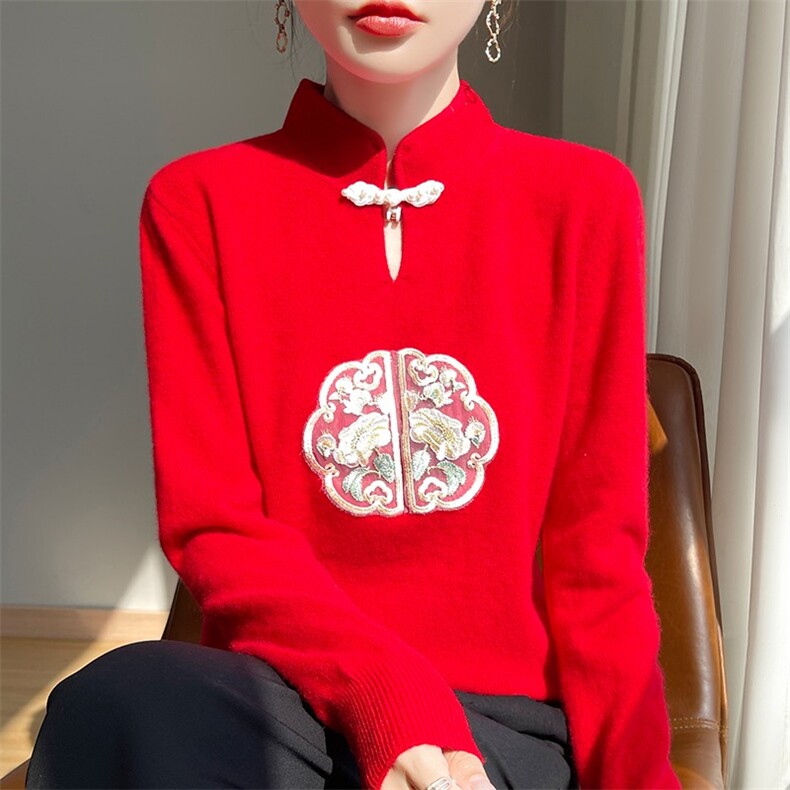 时尚潮流2024年秋季时尚潮流羊毛纯毛绣贴半高领羊毛衫,女装羊毛衫,梵泰羊绒