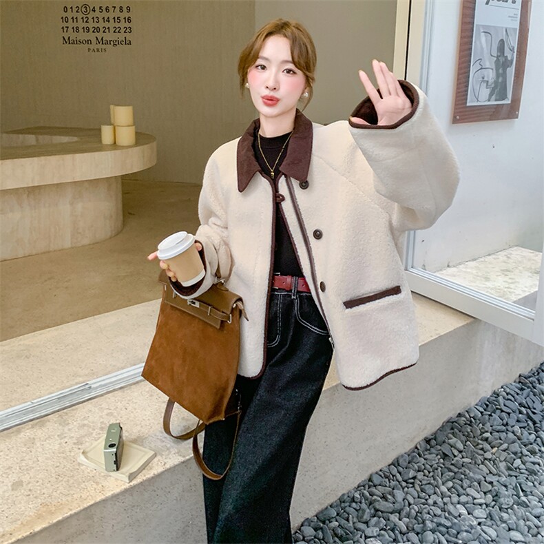 小个子皮毛一体外套女2024冬羊羔毛撞色翻领拼接洋气加厚短款棉服,女装羊羔毛/颗粒绒,浙宝192（原082）