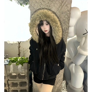 现货重磅boxy短款棉衣座山雕大毛毛领男女棉服水洗工装厚外套图片