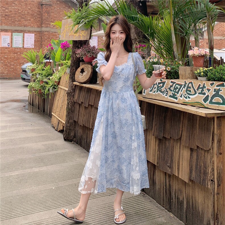 法式蓝色花朵短袖连衣裙女夏季新款方领收腰长裙甜美建立气质裙子,女装连衣裙,艾米莉亚
