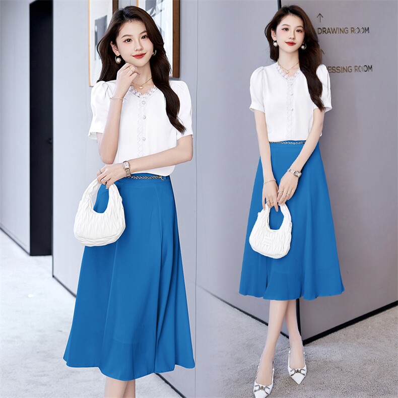 2025夏季新款时尚套装女蕾丝拼接短袖衬衫高腰半身裙两件套裙精品，女装套装/套裙，火爆靓佳人