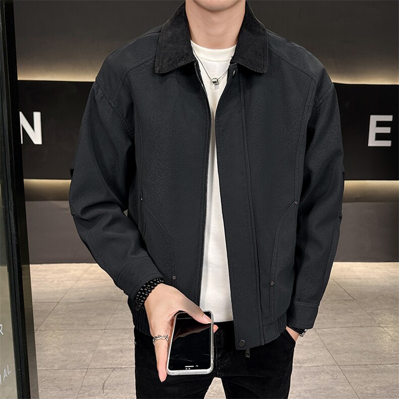 店主风皮夹克男2025秋款灯芯绒拼接翻领皮衣外套男B317/813/P145,男装皮衣,电商B317