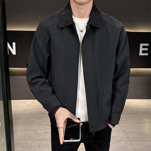 店主风皮夹克男2025秋款灯芯绒拼接翻领皮衣外套男B317/813/P145图片