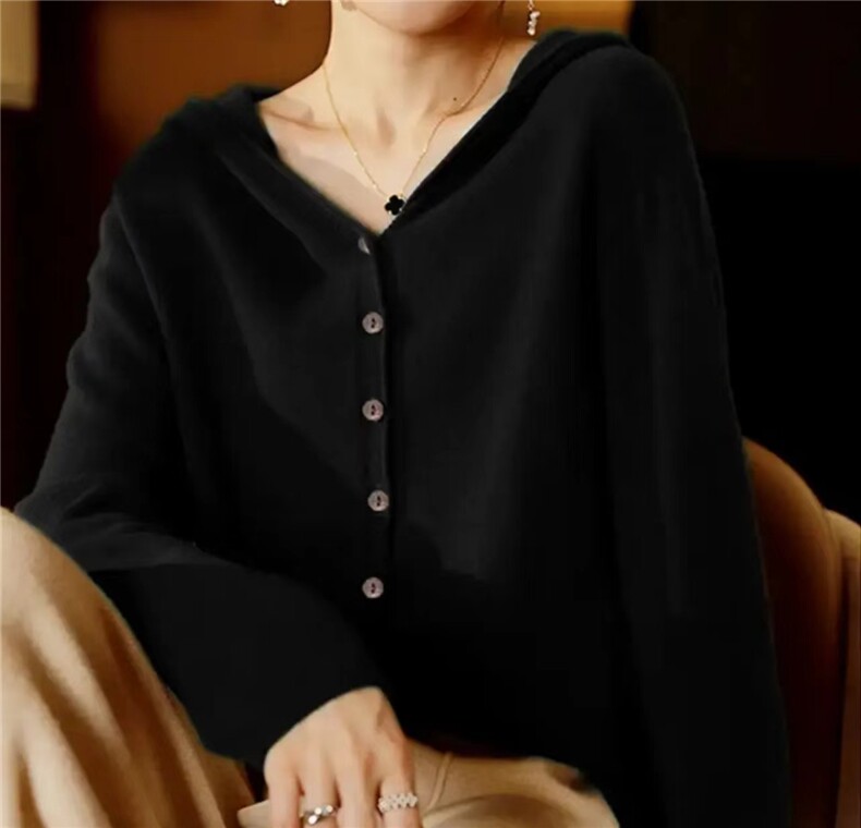 天花板！文艺椰子扣无缝一体连帽羊毛开衫薄款外套女士针织衫,针织衫/毛衣,美轩羊绒
